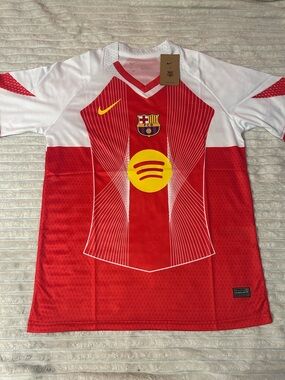 Nike Red and White Barcelona Soccer Jersey with Yellow Accents